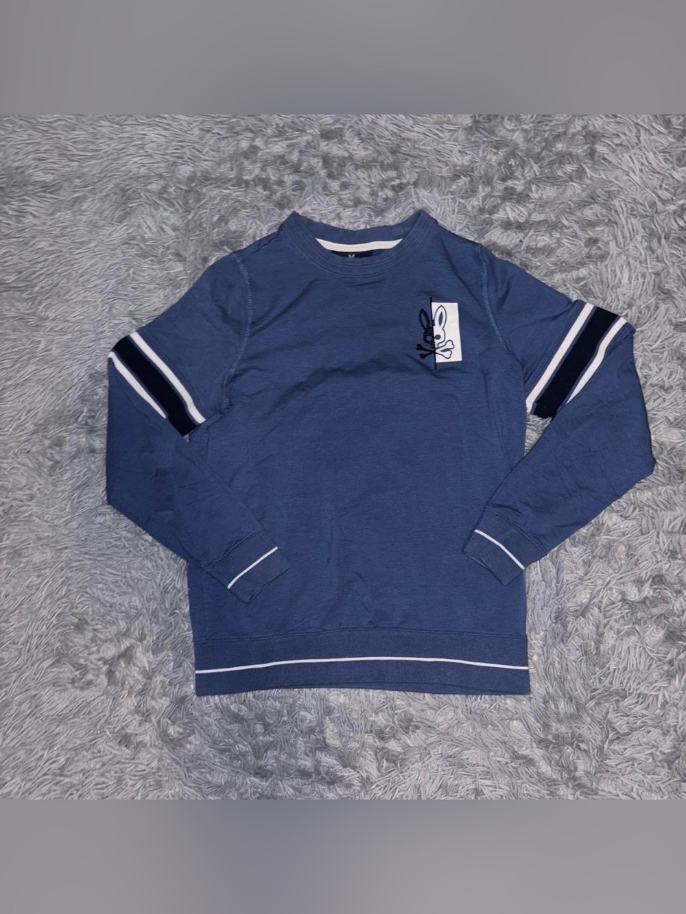 Psycho Bunny Men’s Blue Striped Sleeve Crew Neck Pullover Sweater XXS Preppy
